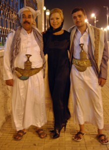 Hussein, Pamela and Mohammed outside the Presidents Mosque.