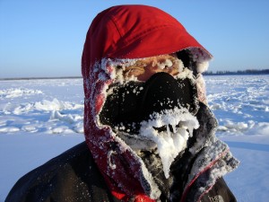 Cold_face The temperature was so low that we couldn´t persuade people to stay outdoors more than quarter of an hour, they simply froze too much, so we didn´t get one single decent scene from this visit. And when we do have interesting people in front of the camera, and who on top of that doesn´t get bothered by continues re-takes, the camera fails us. In general, the camera doesn´t cope with the cold more than 10 minutes per day before the tapes freezes solid. And it takes at least two hours every time for the camera to thaw out. It doesn´t seem to help at all that we´ve made a cover from and old blanket to keep it warm! And it is only during the first 30 seconds that you actually can see what you´re filming. After that, all you have in your eye piece is a lot of lines.