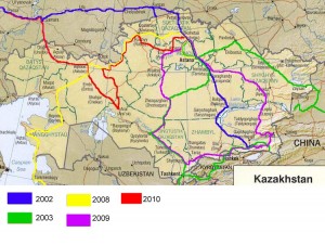 Stellans travels on a push bike in Kazakhstan.