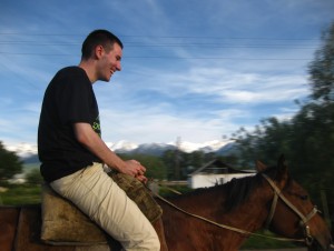 : riding a horse in Kyrgyzstan. Here my thoughts were 'is this beast going to stop?', and on my lips can be read 'Damn it! DAMN IT!!'. But you can't say no to Kyrgyz or you might end offending these people. Then I was offered to buy the horse in return for my digital camera. 