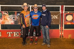 PBR bull-fighters Frank Newsom (left) and Shorty Gorham (right) with writer Jim Clash in Texas. (Photo: Andy Gregory/Humps n Horns Magazine)