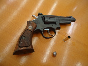 The .38 caliber long pistol Miguel Caballero used to shoot author Jim Clash, with spent shell casing and bullet lead.