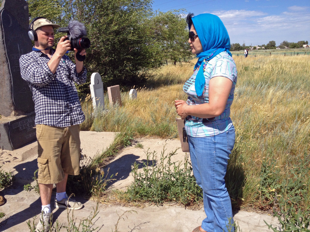 Theo filming Nurshat at the graveyard at Steplag.